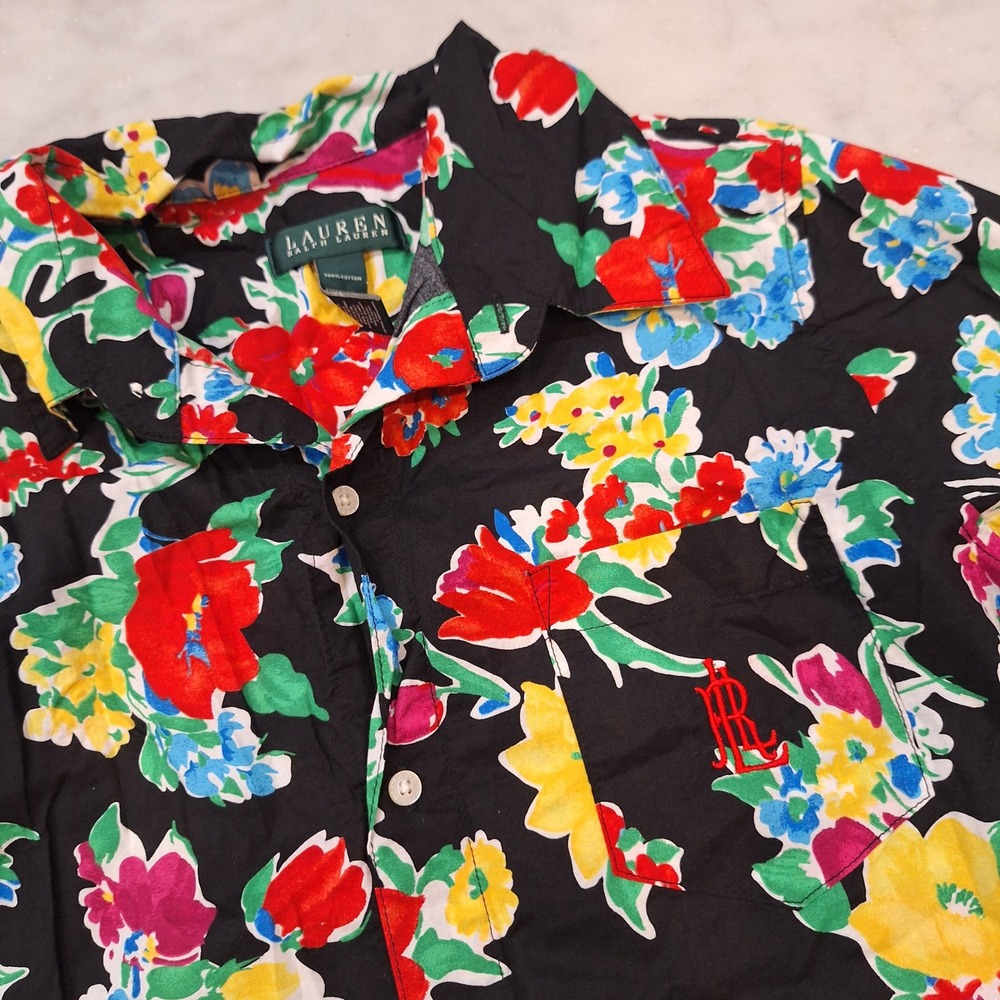 Lauren Ralph Lauren Shirt Dress S Blk Floral Cotton LRL Monogram Mini 3/4 Sleeve - Picture 2 of 9